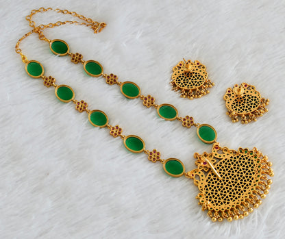 Matte finish kemp-big green oval stone peacock pendant short haar set dj-54009