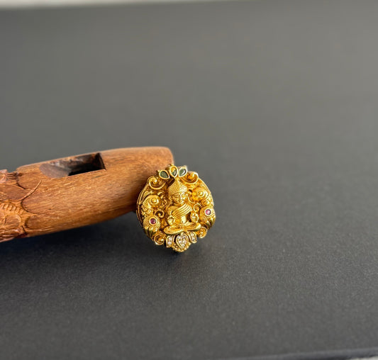 Antique gold tone cz kemp-green big Lakshmi adjustable finger ring dj-51403