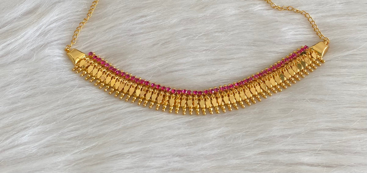 Gold tone ad pink stone elakka thali choker necklace dj-55107