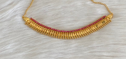 Gold tone ad pink stone elakka thali choker necklace dj-55107