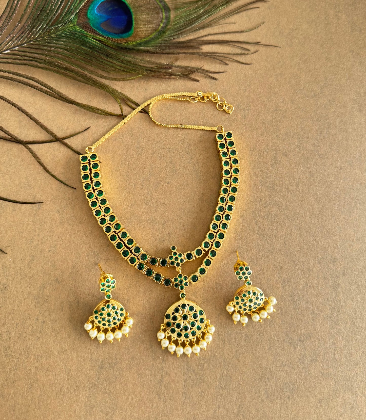 Gold tone AD green south indian style double layer necklace set dj-51674