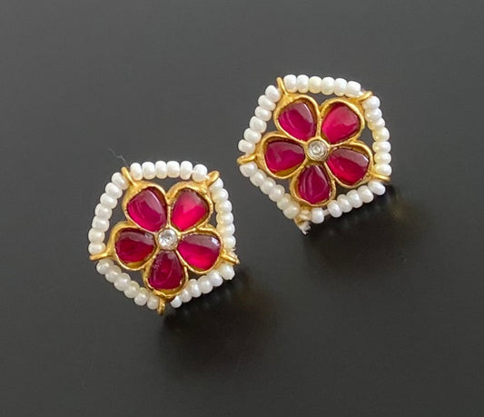 Gold tone pink-white pearl kundan jadau flower stud/earrings dj-53549