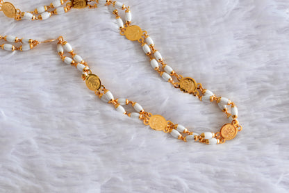 Gold tone 30 inches white beaded Lakshmi coin chain dj-51841