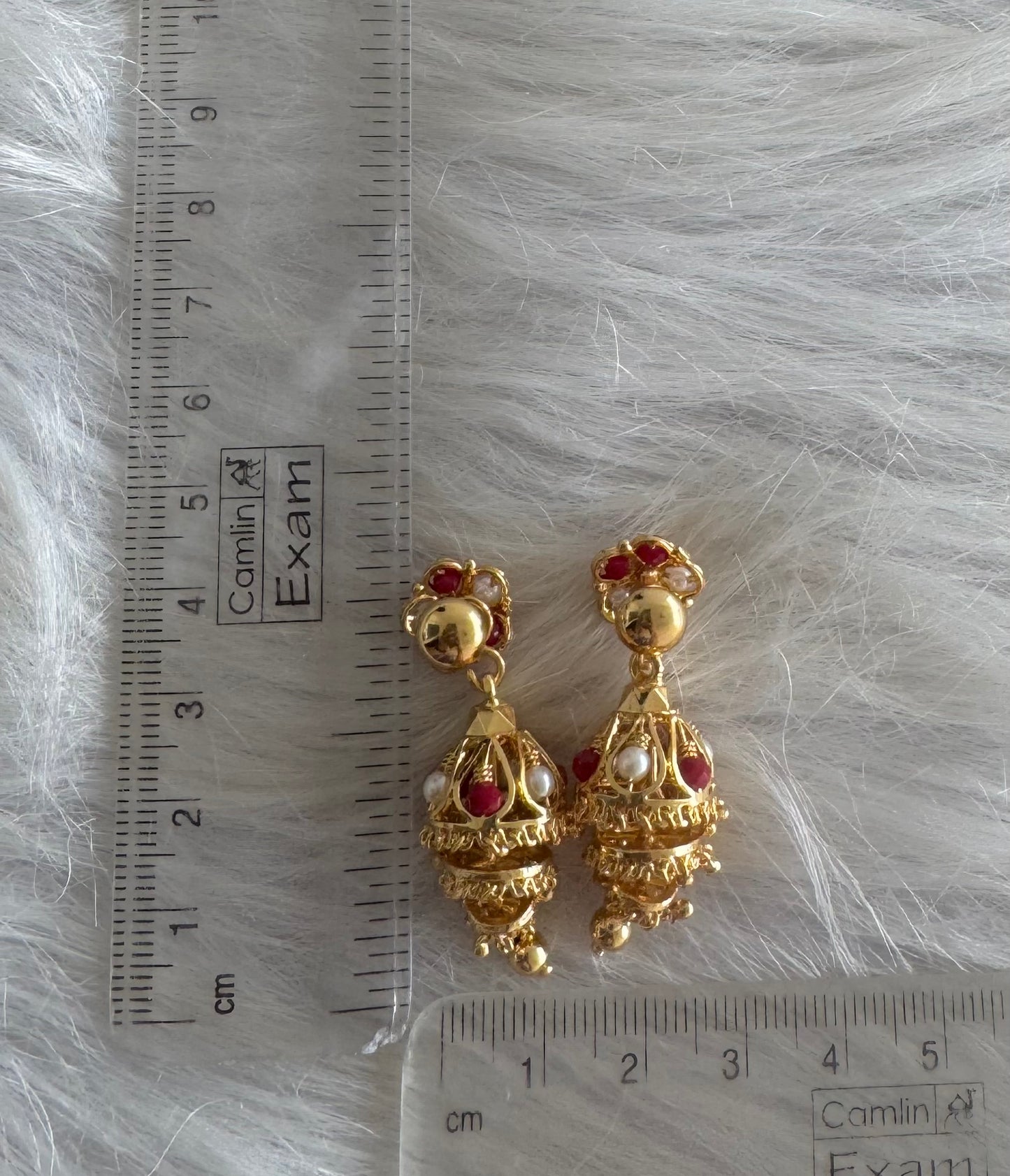 Gold tone coral-pearl beaded step jhumkka dj-51280