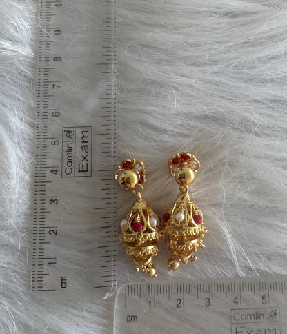 Gold tone coral-pearl beaded step jhumkka dj-51280