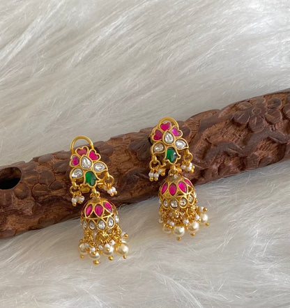 Gold tone pink-green-white stone kundan jadau pearl jhumkka dj-54589