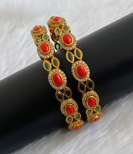 Antique gold tone white-green-coral stone bangles(2.4) dj-53446