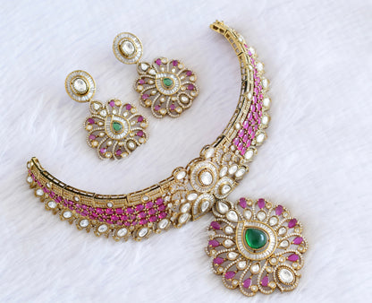Antique gold tone ruby-green kundan flower choker necklace set dj-53028