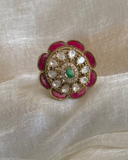Antique gold tone pink-green-white kundan jadau round finger ring dj-54323