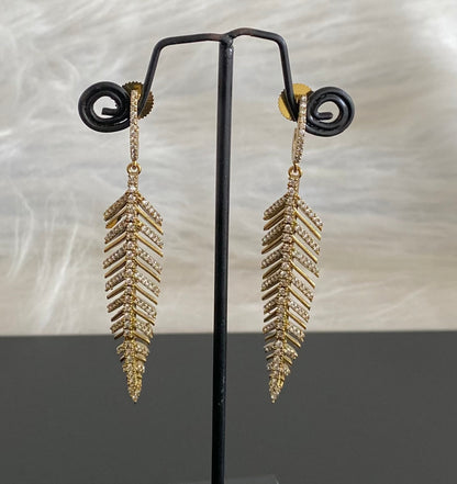 Dark antique gold tone white stone leaf long earrings dj-54641