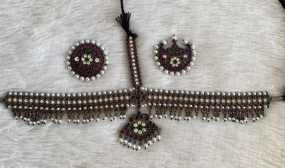 Black finish precious kemp-green-white pearl mango flower tikka dj-53401