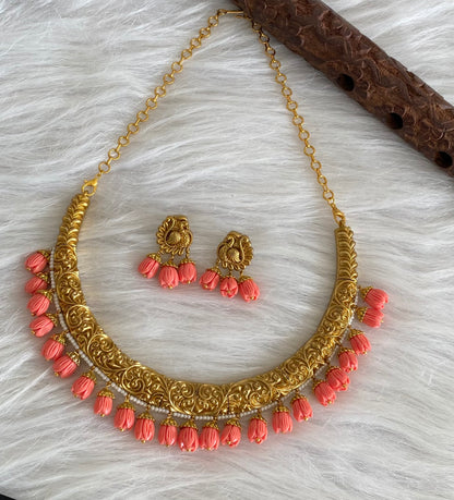 Antique gold tone pink tulip beaded kante necklace set dj-53962