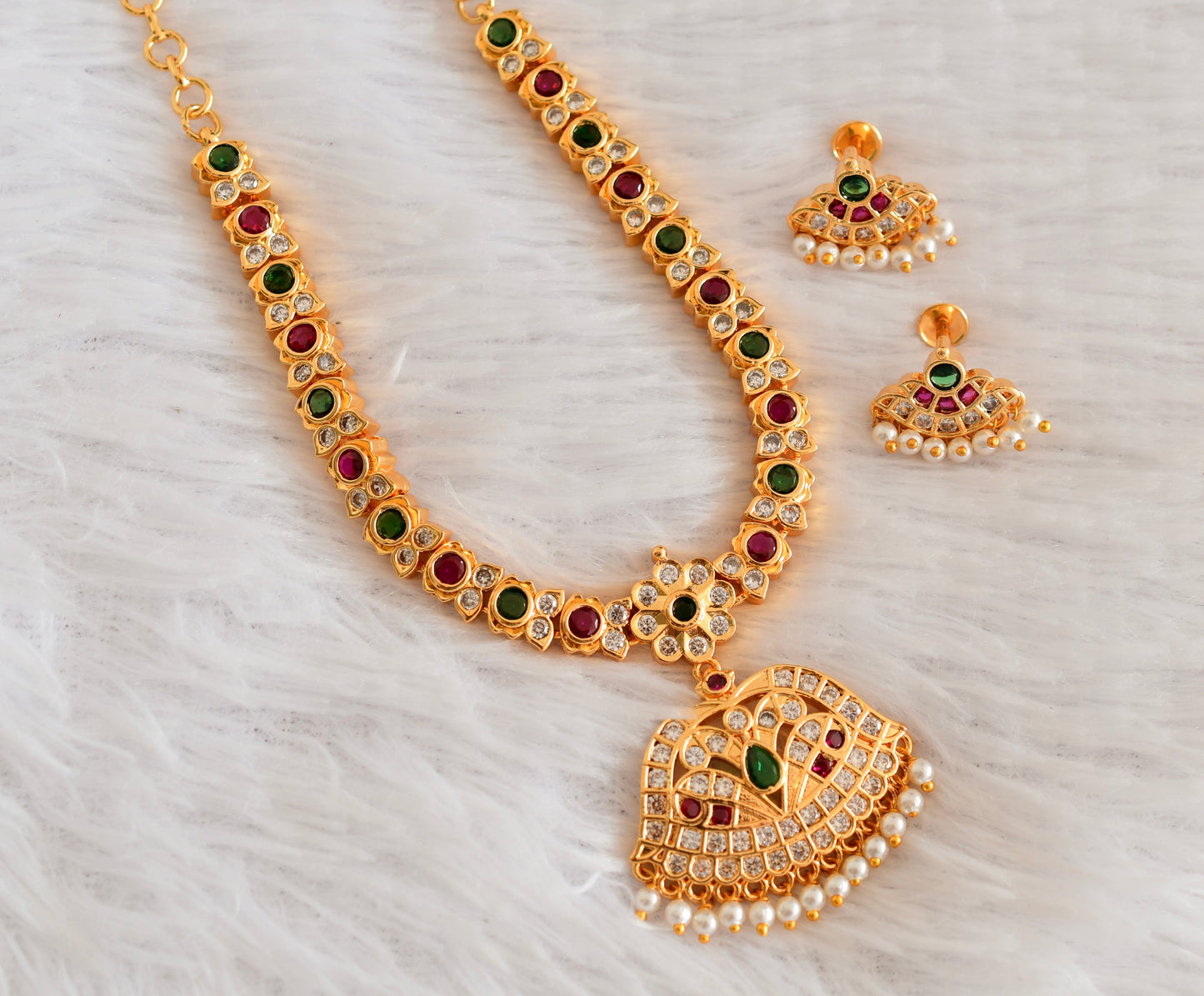 Gold tone AD pink-green stone south Indian style necklace set dj-53299