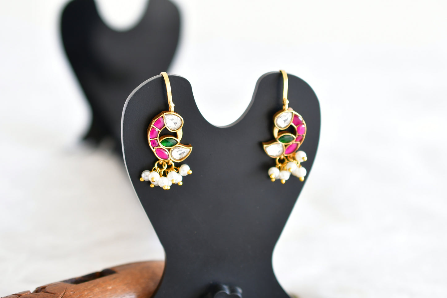 Gold tone pink-green-white kundan jadau peacock bugadi earrings dj-52476
