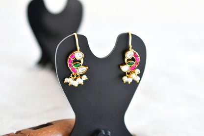 Gold tone pink-green-white kundan jadau peacock bugadi earrings dj-52476