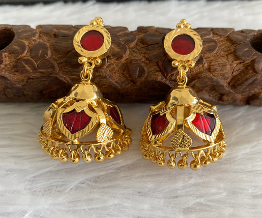 Gold tone kerala style red 4 petals of palakka jhumkka dj-53129