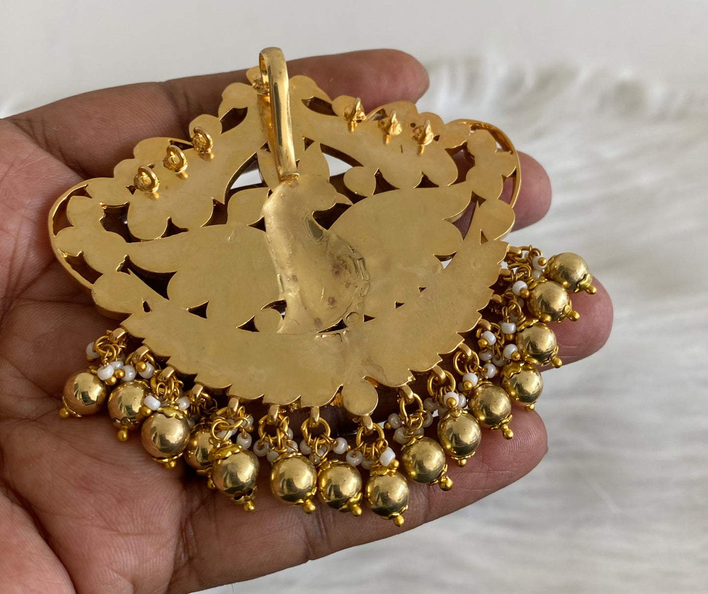 Gold tone pink-green-white kundan jadau peacock pendant dj-53845