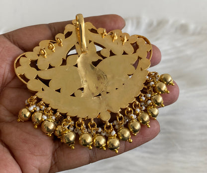 Gold tone pink-green-white kundan jadau peacock pendant dj-53845