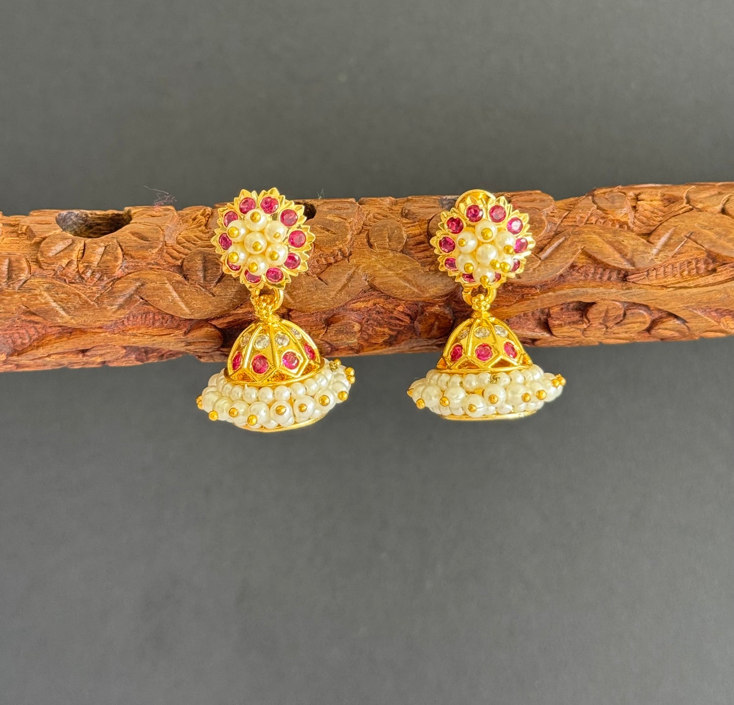 Gold tone ad pink-white stone pearl jhumkka dj-46016