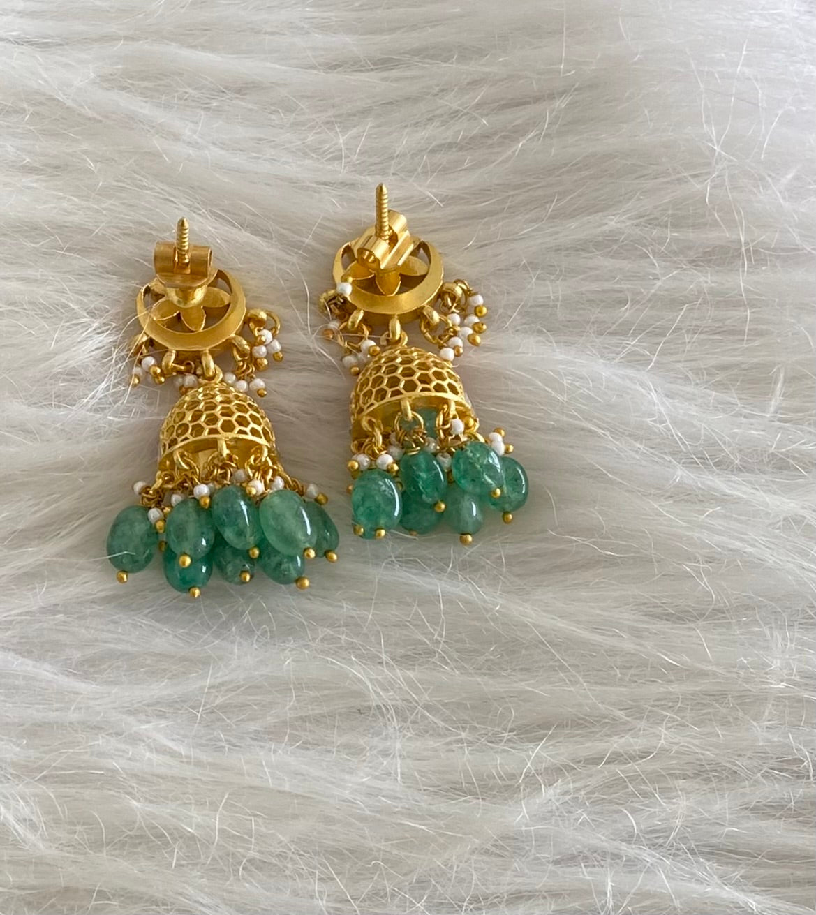 Gold tone pink-green-white stone kundan jadau green beaded moon jhumkka  dj-54585
