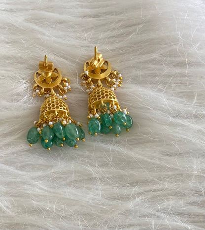Gold tone pink-green-white stone kundan jadau green beaded moon jhumkka  dj-54585