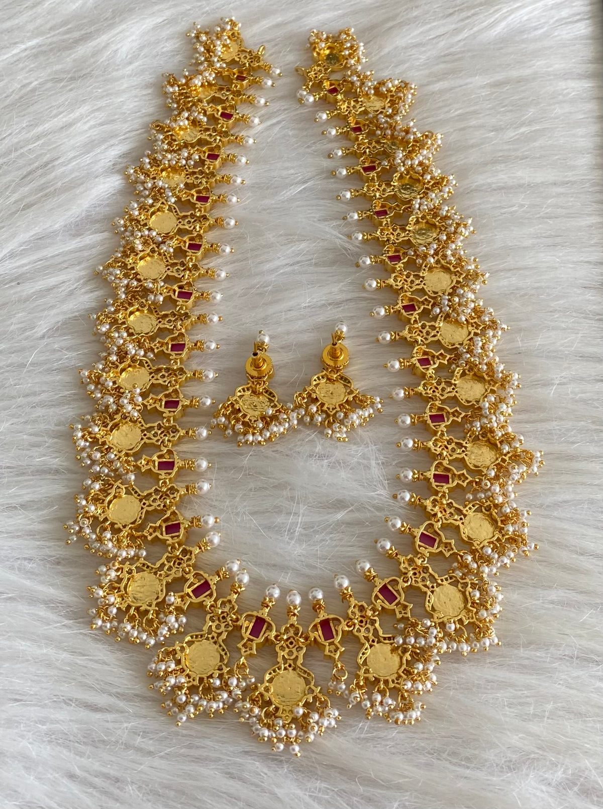 Gold tone ruby-emerald-white lakshmi coin gutta pusalu short haar set dj-55005