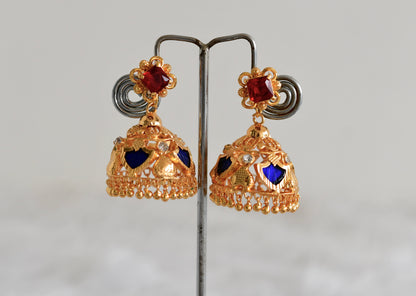 Gold tone Kerala style red-blue palakka jhumkka dj-52445