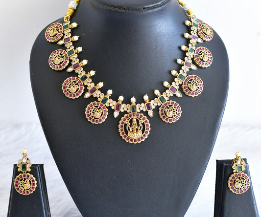 Antique gold tone pink-green lakshmi peacock necklace set dj-53009