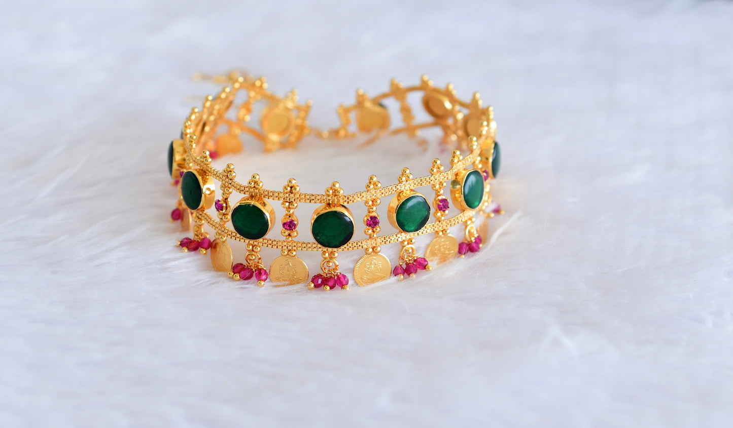 Gold tone kerala style pink-green round laksmi coin choker necklace dj-53088