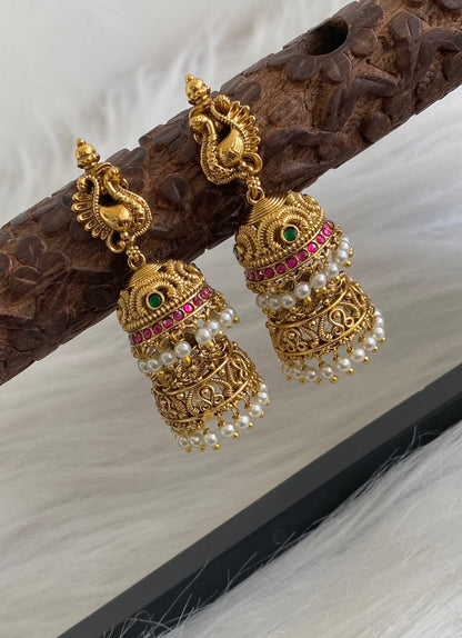 Antique gold tone kemp-green pearl peacock step jhumkka dj-54565