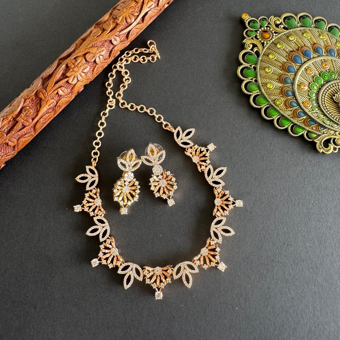 Rose gold cz white flower necklace set dj-52092