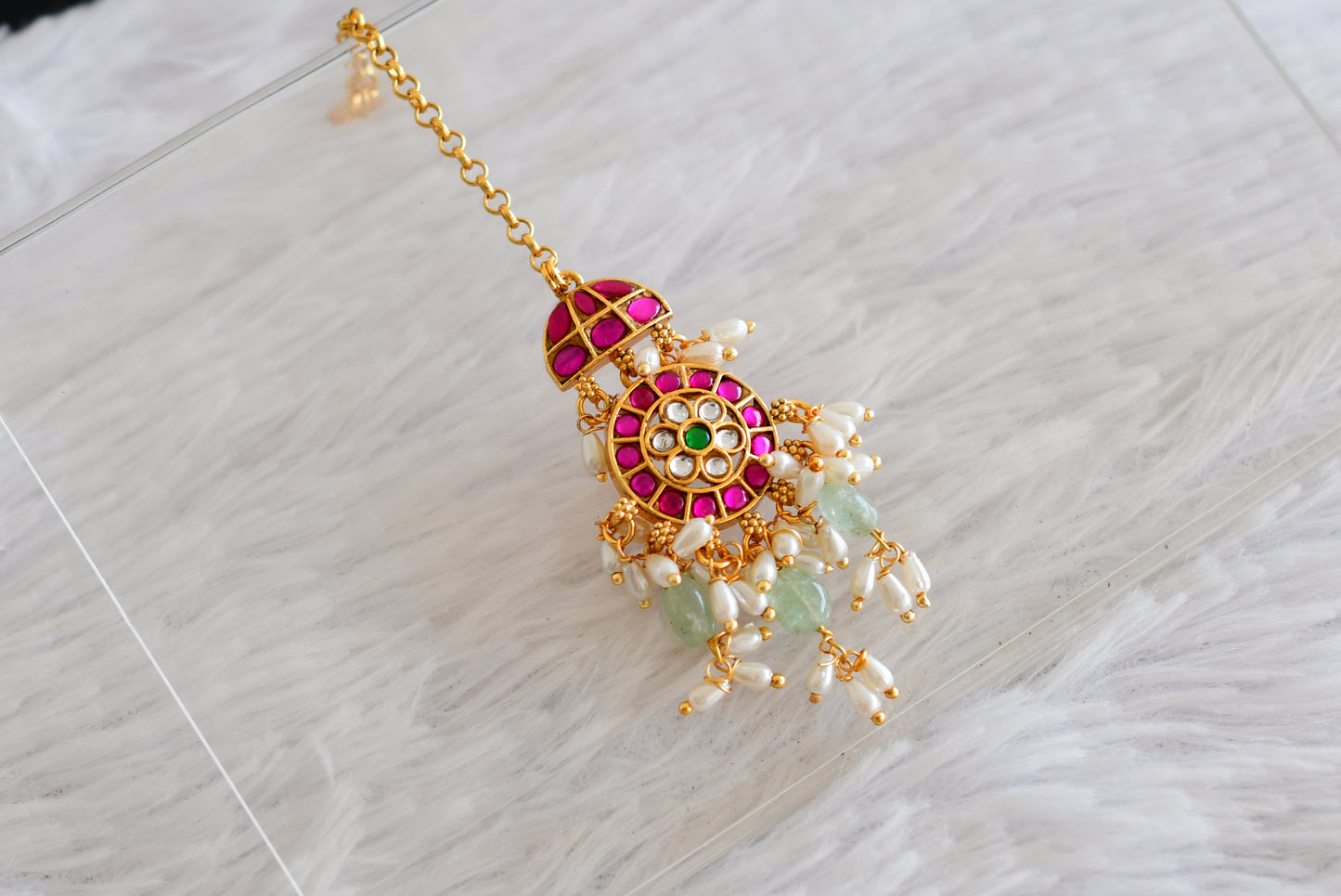 Gold tone pink-green kundan jadau green beaded round tikka dj-52499