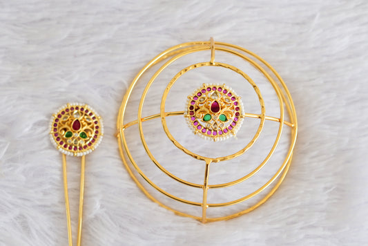 Gold tone kemp-green bun cage-hair accessory with stick Dj-52338