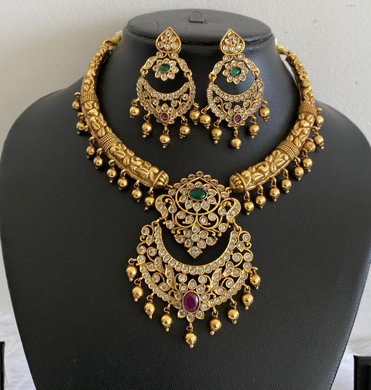 Antique gold tone kante ruby-green-white necklace set dj-54077