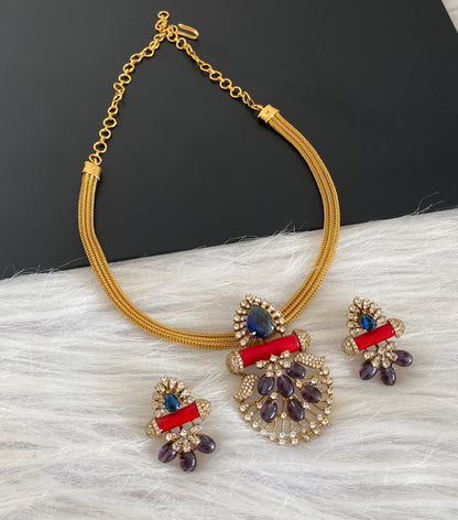 Antique gold tone coral purple beaded necklace set dj-54263