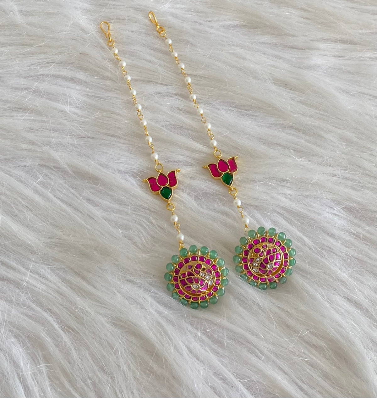 Gold tone kundan jadau green bead peacock round earrings with lotus side chain dj-55058