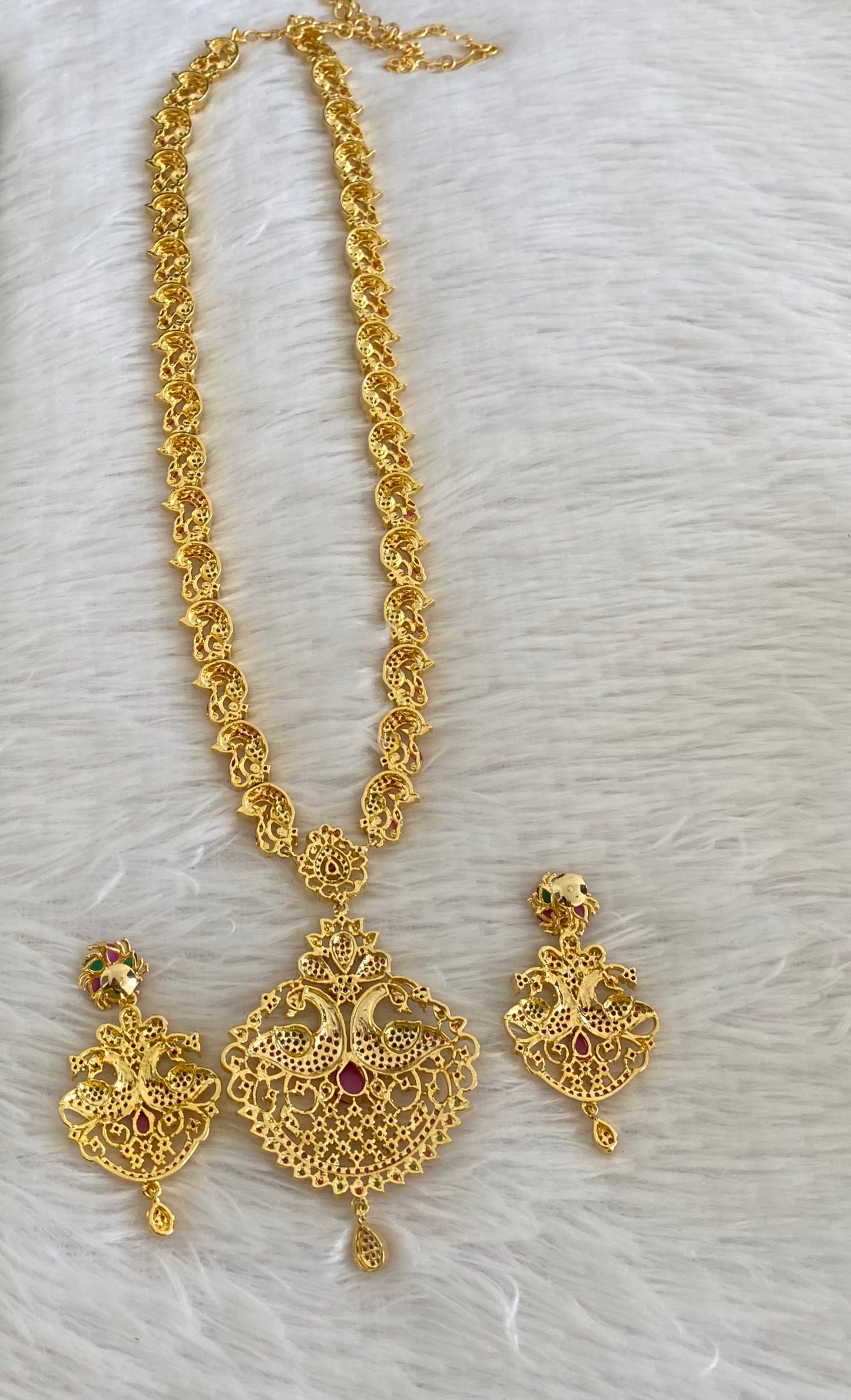 Gold tone Cz ruby-emerald peacock set dj-53605