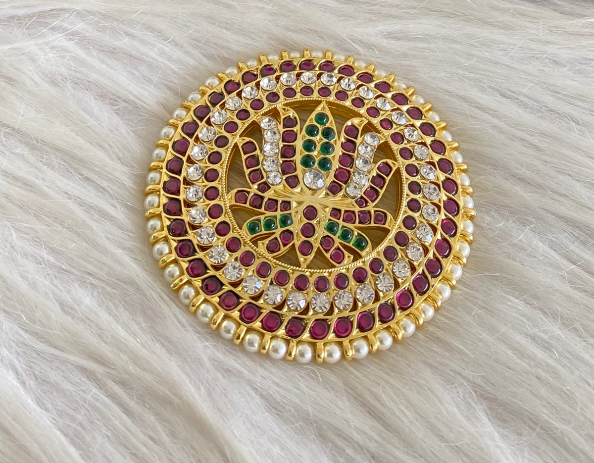 Gold tone precious kemp-green-white pearl round lotus hair jewel(rakodi)dj-54709