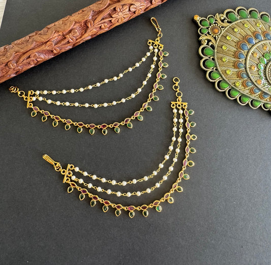 Matte finish cz kemp-green pearl leaf ear side chain dj-52051