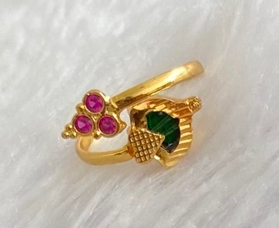 Gold tone pink stone green palakka adjustable finger ring dj-53680