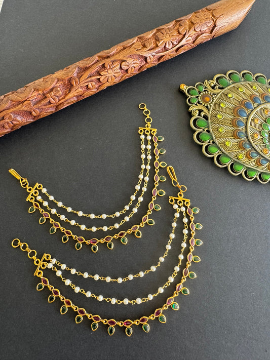 Matte finish cz kemp-green pearl leaf ear side chain dj-52051