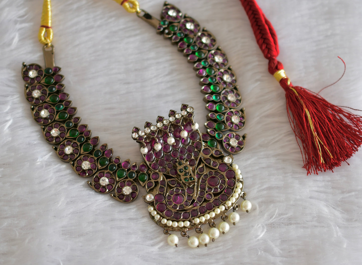 Black finish precious kemp pearl Kalinga Narthana Krishna mango necklace dj-51764