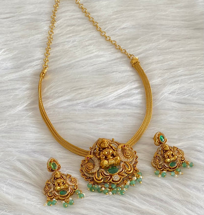 Antique gold tone lakshmi peacock green beaded necklace set dj-54265