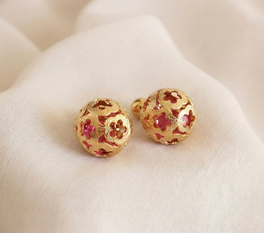 Gold tone Pink Ball Earrings -dj17319