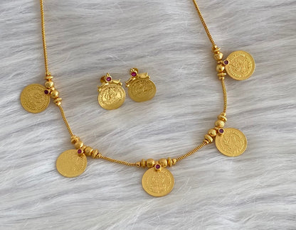 Gold tone pink stone lakshmi coin necklace set dj-54143