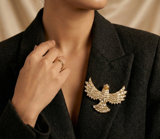 Matte finish white kundan jadau bird brooch dj-52644