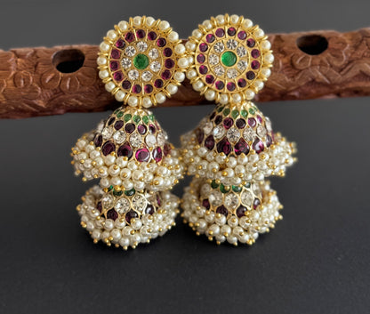 Gold tone precious kemp-green-white stone pearl big step jhumkka dj-51451