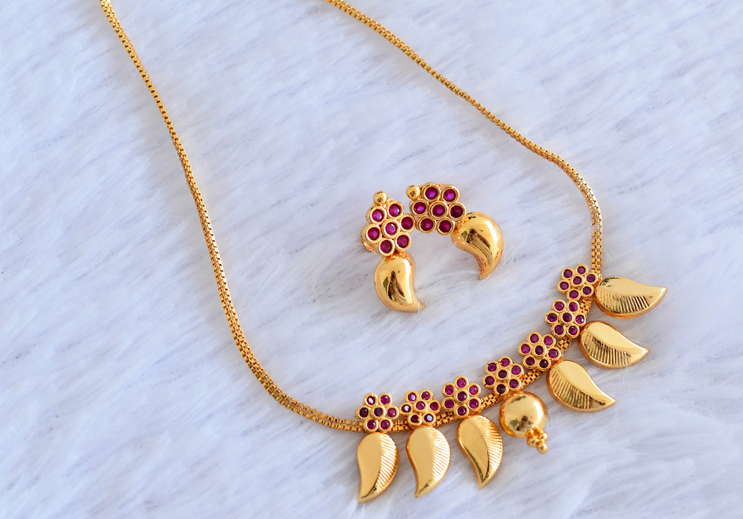 Gold tone pink flower stone mango necklace set dj-53084