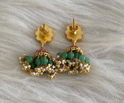 Gold tone pink-white stone kundan jadau green beaded jhumkka  dj-54586