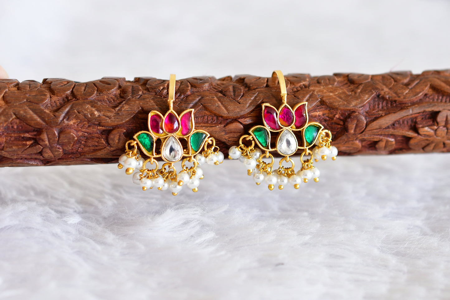 Gold tone pink-green kundan jadau lotus bugadi earrings dj-52468